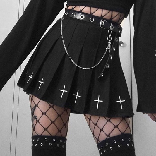 Hot High Waist Mini Black Skirts Streetwear Cross Print Pleated Women Skirt